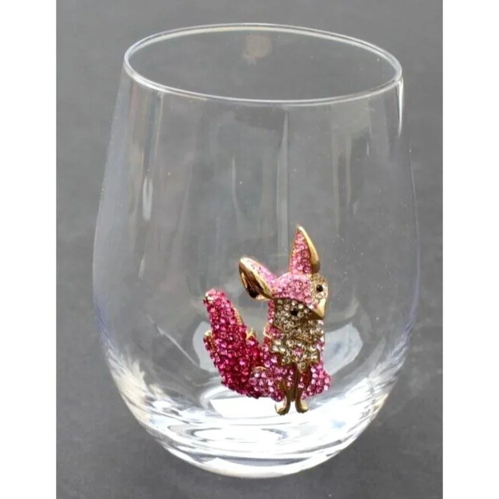 NEW Colorful Pink Rhinestone Fox Animal Wine / Tumbler Drink Glass 5" Tall
